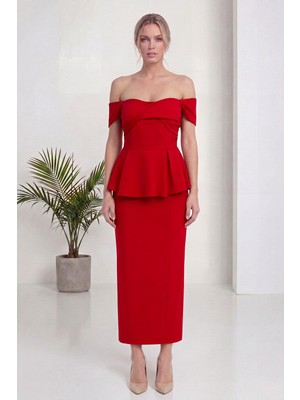 thezkscom Kadın Düşük Omuz Peplum Bluz Etek Ikili Takım Şık Tasarım Kırmızı
