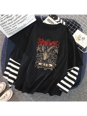 Touz Slipknot Goat & Skulls Baskılı Fake Sleeves Unisex Siyah T-Shirt