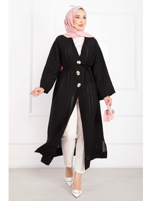 Md Gold Düğmeli Bağcıklı Uzun Kimono Siyah