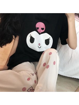 Touz Kuromi Face Baskılı Siyah Unisex Oversize T-Shirt