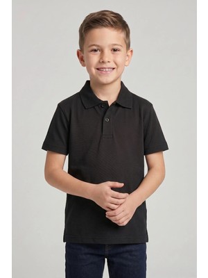 Fatella Unisex Çocuk Siyah Lakost Polo Yaka Kısa Kollu Okul Tişörtü