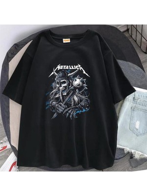 Touz Metallica Knight Skull Baskılı Siyah Unisex Oversize T-Shirt