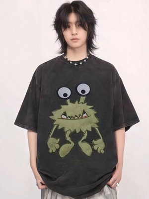 Touz Cute Alien Baskılı Yıkamalı Vintage Unisex Oversize T-Shirt