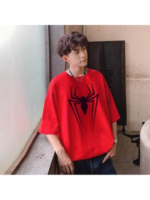 Touz Spider Baskılı Kırmızı Unisex Oversize T-Shirt