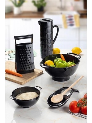 Bezos Akrilik Siyah 5 Parça Sürahi & Rende & Süzgeç & Mini Süzgeç & Kaşıklık & Mutfak Çeyiz Seti