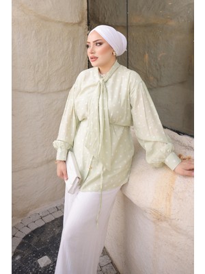 İmaj Butik Mint Yeşili Yaka Bağlamalı Puantiyeli Gömlek