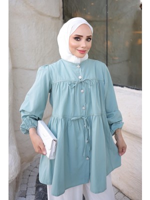 İmaj Butik Çağla Kol Lastikli Önü Bağlamalı Gömlek