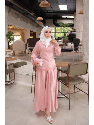 İmaj Butik Pudra Dantelli Etekli Saten Takım