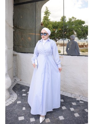 İmaj Butik Mavi Çizgili Yan Bağlamalı Elbise