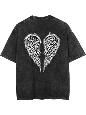 Touz Küt Küt Yıkamalı Sırt Baskılı Wing Skeleton Unisex Eskitme T-Shirt