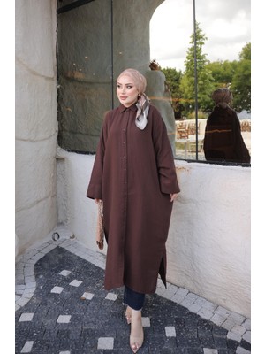 İmaj Butik Kahverengi Yarasa Kol Müslin Uzun Tunik