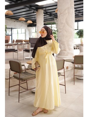 İmaj Butik Sarı Geniş Kol Kuşaklı Elbise