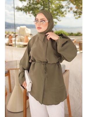 İmaj Butik Haki Bel Bağlamalı Geniş Kol Gömlek