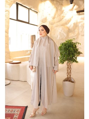 İmaj Butik Bej Yırtmaçlı Şal Detaylı Uzun Çizgili Tunik