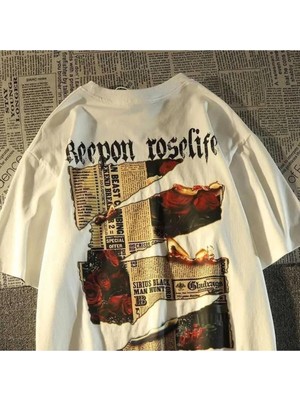 Touz Beyaz Roselife Baskılı Oversize T-Shirt