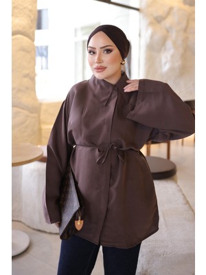 İmaj Butik Kahverengi Bel Bağlamalı Geniş Kol Gömlek