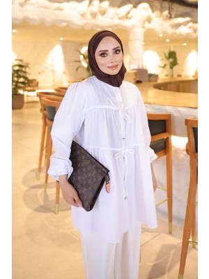 İmaj Butik Beyaz Kol Lastikli Önü Bağlamalı Gömlek