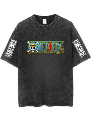 Touz Yıkamalı Anime One Luffy Baskılı Unisex Oversize Vintage T-Shirt