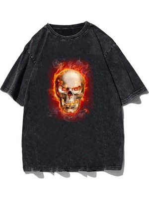 Touz Kerım Yıkamalı Flaming Skull Unisex Eskitme T-Shirt