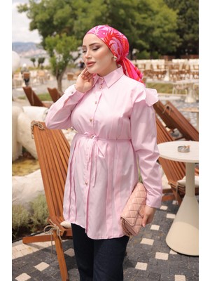 İmaj Butik Pembe Omuz Fırfırlı Bel Bağlamalı Gömlek