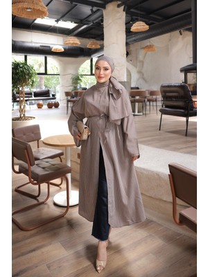 İmaj Butik Kahverengi Yırtmaçlı Şal Detaylı Uzun Çizgili Tunik