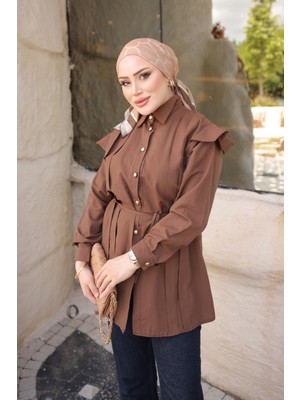 İmaj Butik Kahverengi Omuz Fırfırlı Bel Bağlamalı Gömlek
