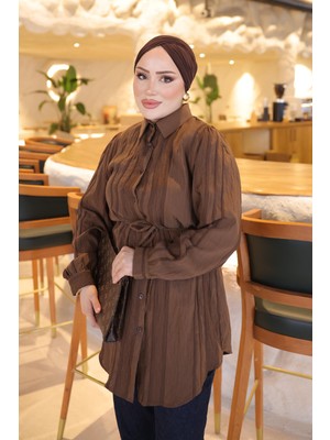 İmaj Butik Kahverengi Bel Ip Bağlamalı Tunik Gömlek