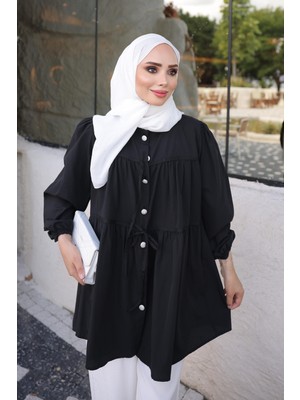 İmaj Butik Siyah Kol Lastikli Önü Bağlamalı Gömlek