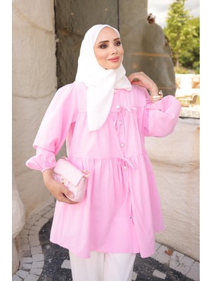İmaj Butik Pembe Kol Lastikli Önü Bağlamalı Gömlek