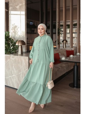 İmaj Butik Mint Yeşili Yarım Düğmeli Kol Lastikli Eteği Katlı  Elbise