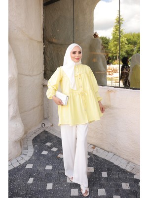 İmaj Butik Sarı Kol Lastikli Önü Bağlamalı Gömlek