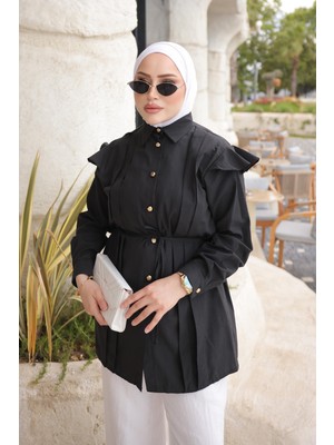 İmaj Butik Siyah Omuz Fırfırlı Bel Bağlamalı Gömlek