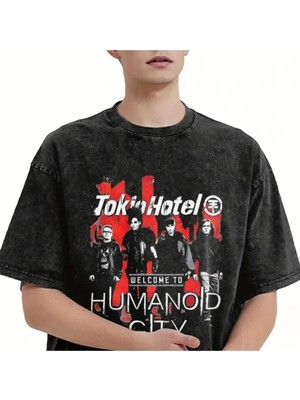 Touz Tokio Hotel Baskılı Yıkamalı Vintage Unisex Oversize T-Shirt