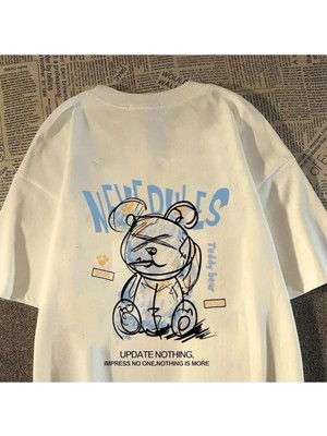 Touz Beyaz Cartoon Bear Baskılı Oversize T-Shirt