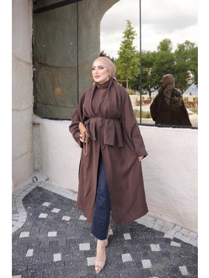 İmaj Butik Kahverengi Yırtmaçlı Şal Detaylı Uzun Tunik