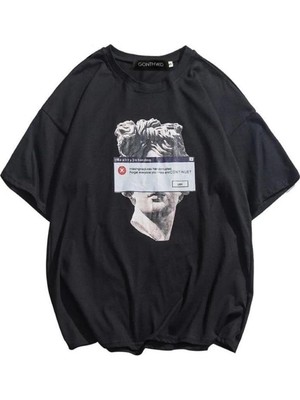 Touz Siyah Michelangelo Heykeli Baskılı Oversize T-Shirt