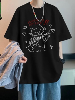 Touz Music Is My Life Unisex Siyah Oversize T-Shirt