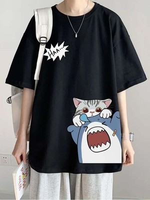 Touz Shark & Cat Siyah Unisex T-Shirt