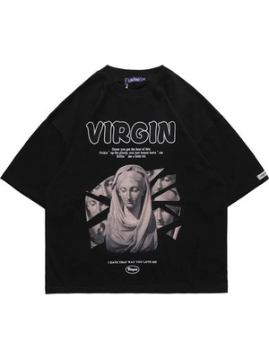 Touz Siyah Virgin Baskılı Oversize T-Shirt