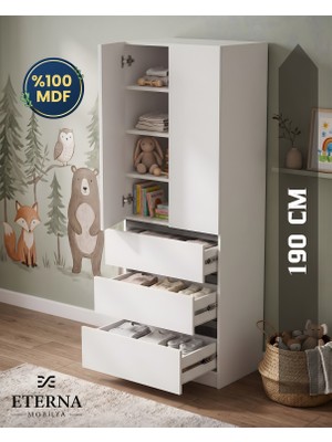Eterna Mobilya Çekmeceli Bebek ve Genç Odası Dolabı | Raflı, Çekmeceli Gardırop