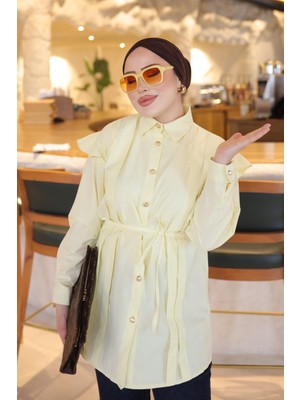 İmaj Butik Sarı Omuz Fırfırlı Bel Bağlamalı Gömlek