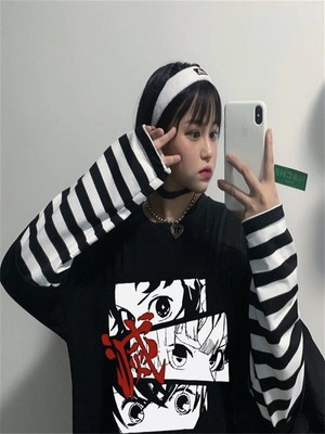 Dompuleri Moda Touz Demon Slayer: Eyes Çizgili Kollu Unisex T-Shirt