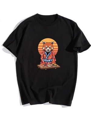 Touz Samurai Cat Sushi Siyah Unisex Oversize T-Shirt