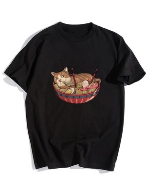 Touz Cat On Plate Siyah Unisex Oversize T-Shirt