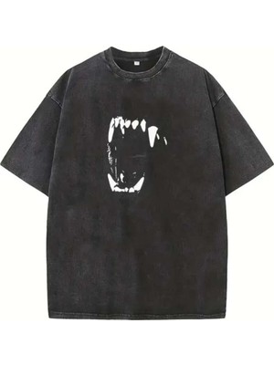 Touz Yıkamalı Fang Baskılı Unisex Oversize Vintage T-Shirt