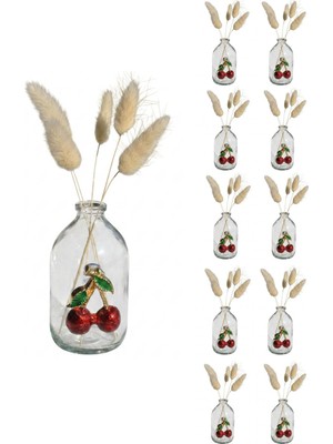 Qualitev 10 Adet Şeffaf Cam Mini Vazo Kiraz Dekorlu 9 cm Kirazlı Dekoratif Minik Vazo (Çiçeksiz)