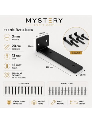 Mystery 6 Adet Metal Raf Ayağı 20 cm Siyah Duvar Rafı Taşıyıcı L Raf Destek Aparatı Vida ve Dübel Dahil