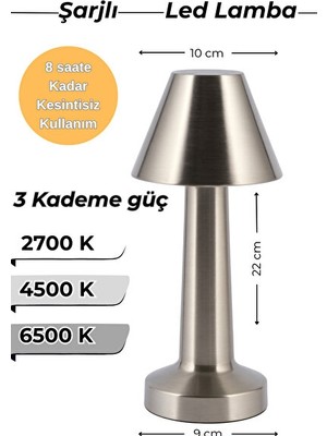Maison Luré USB Şarjlı Gümüş Renkli Çok Kademeli LED Masa Lambası Masa ve Gece Lambası