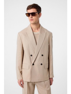Antioch Bej Relax Fit Keten Karışımlı Erkek Blazer Ceket