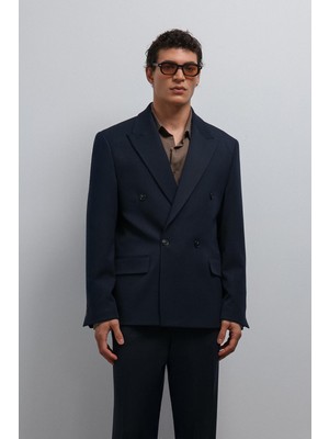 Antioch Lacivert Relax Fit Kruvaze Erkek Blazer Ceket